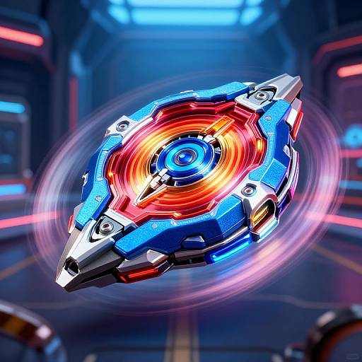 CGI image of a glowing, futuristic, blue and red sci-fi drone with circular neon lights, hovering in a dark, high-tech corridor.