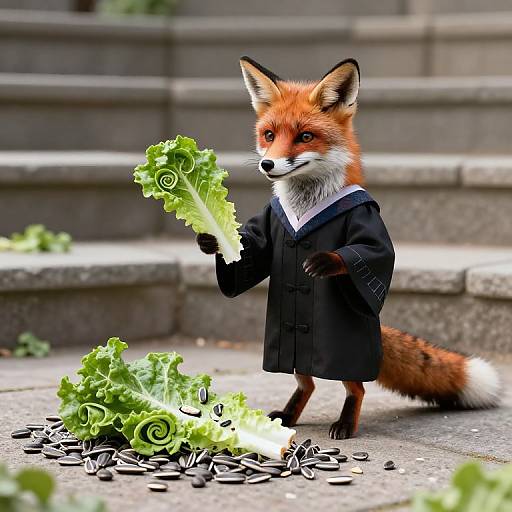 Photorealistic digital image of a small, anthropomorphic fox in a black robe, holding a leafy green vegetable, standing on stone steps with scattered