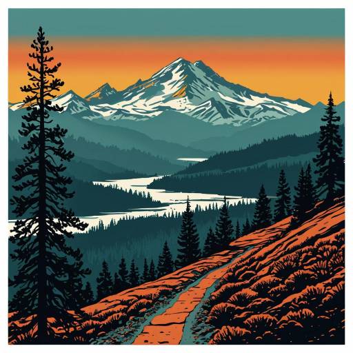 Retro Cascade Mountains Sunset Landscape
