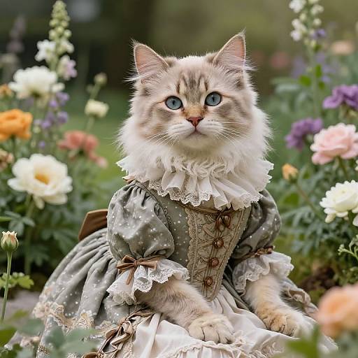 Photograph of a fluffy, blue-eyed cat in a Victorian-style, polka-dotted dress with lace trim, surrounded by colorful blooming flowers.