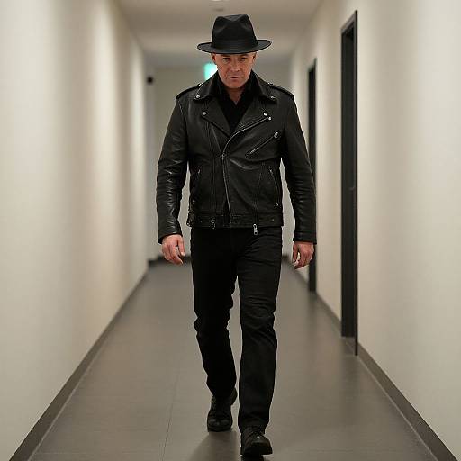 Photograph of a man in a black leather jacket, black pants, and black fedora walking down a brightly lit, white-walled hallway.