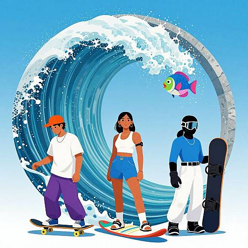 Digital illustration of three surfers and skateboarders with vibrant colors, standing in front of a large, curling ocean wave; one holds a skateboard,
