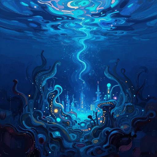 Underwater cityscape in vibrant blue hues, featuring swirling light patterns, glowing buildings, and abstract, tentacle-like structures. Digital artwork.