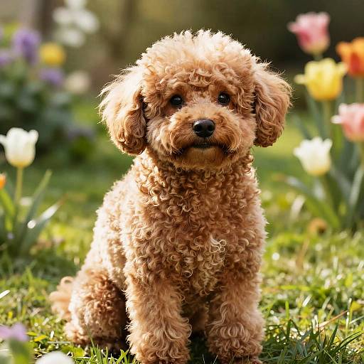 Cute curly brown puppy with fluffy fur sitting in a sunny garden, surrounded by colorful tulips and green grass. Photograph.