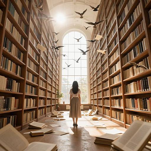 Photograph of a woman in a long dress walking down a sunlit, bird-filled library aisle with scattered open books on wooden shelves.
