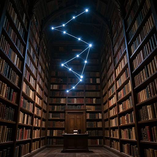 Photograph of a dimly lit, vast library with towering bookshelves filled with books, a wooden desk at the center, and a constellation of