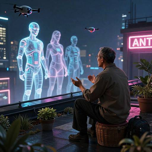 Neon Preacher on Cyberpunk Rooftop Garden