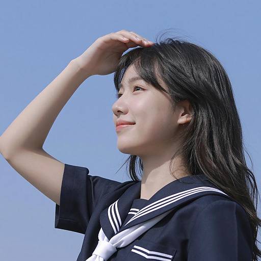 Young Woman in Sailor Uniform Under Blue Sky