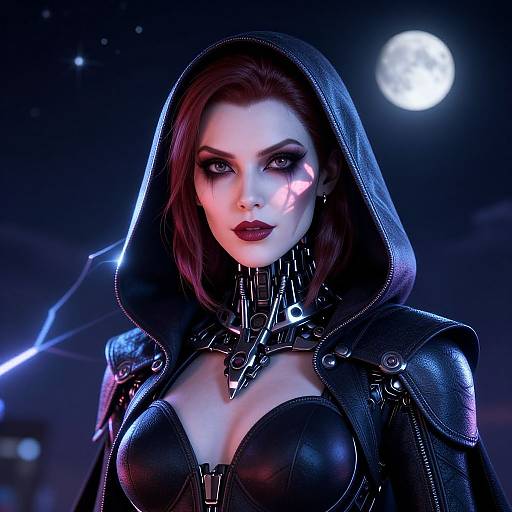 Digital art of a pale-skinned, dark-haired woman with glowing face markings, wearing a black leather hooded cloak and choker, under a full