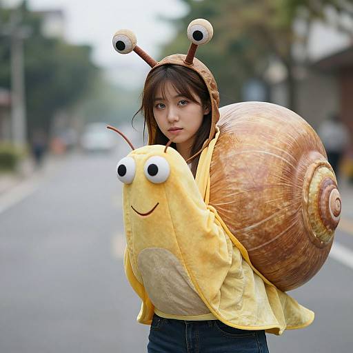 Photograph of an Asian woman in a yellow snail costume with large eyes and antennae, wearing a giant brown snail shell, standing on a