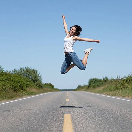 Photograph of a joyful woman with dark hair, wearing a white tank top and blue jeans, jumping mid-air on a deserted, sunny road with green
