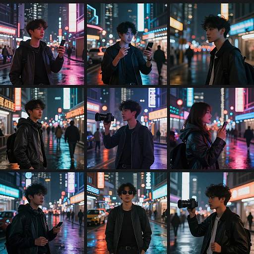 Photographic collage of a man with curly hair, wearing a black jacket, holding a smartphone, standing in a neon-lit, rainy city street at