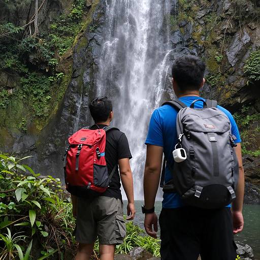 Two Hikers at Lush Waterfall