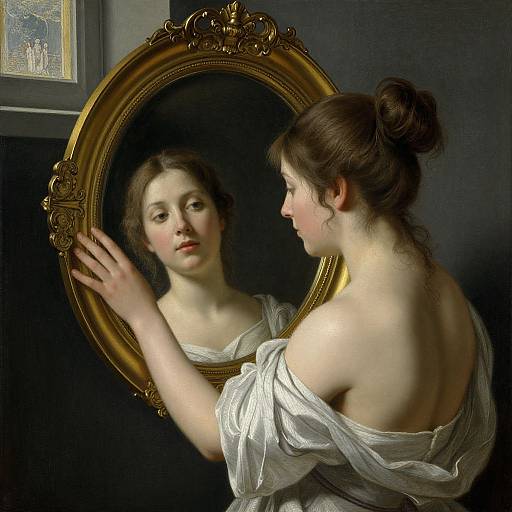 Baroque-style digital painting of a fair-skinned woman with brown hair in a bun, off-shoulder white dress, gazing at her reflection