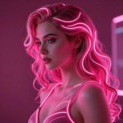 Photorealistic digital portrait of a beautiful woman with glowing pink neon hair, wearing a neon-lit top, against a dark purple background. Neon highlights