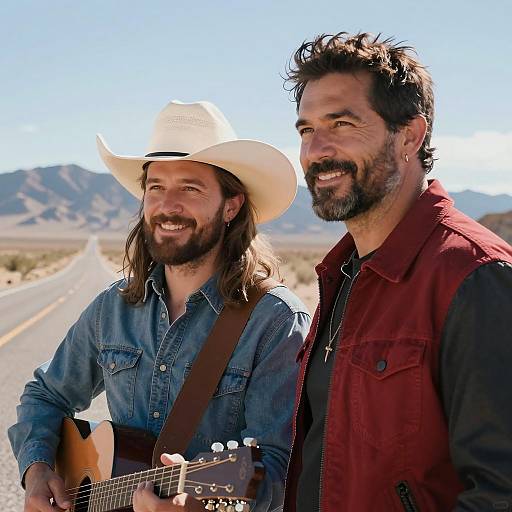 Two Friends in Desert with Guitar