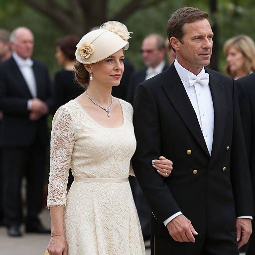 Photograph of a Caucasian couple at an outdoor event; woman in white lace dress and hat, man in black suit and bow tie. Blurred crowd