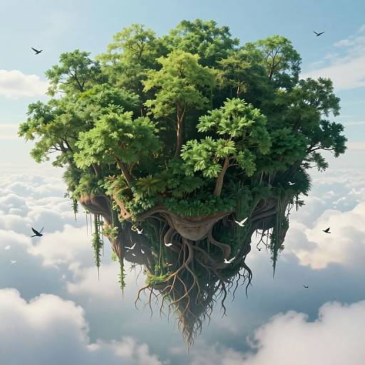 Digital artwork of a floating island tree with lush green foliage, exposed roots, and birds flying around, set against a bright blue sky with fluffy clouds.