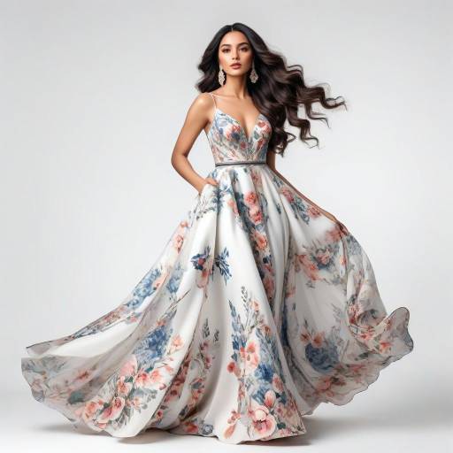 Elegant Mediterranean Woman in Floral Gown