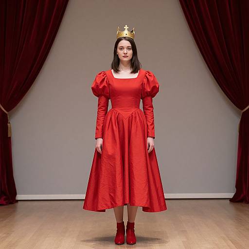Photograph of a pale-skinned woman with black hair, wearing a red puffed-sleeve dress, red boots, and a gold crown,
