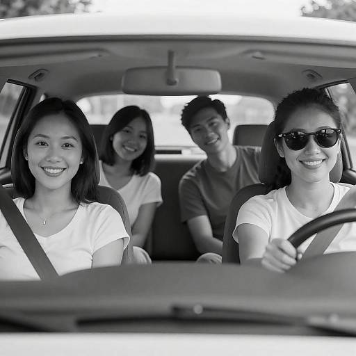 Black-and-White Car Portrait of Three