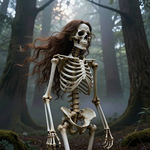 Skeleton with Flowing Hair in Misty Forest