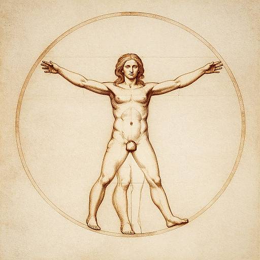 Sepia-toned drawing of a nude, muscular, circumcised man with shoulder-length hair, arms outstretched, standing within a circular frame