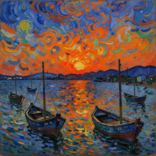 Van Gogh Style Sunset Harbor Scene