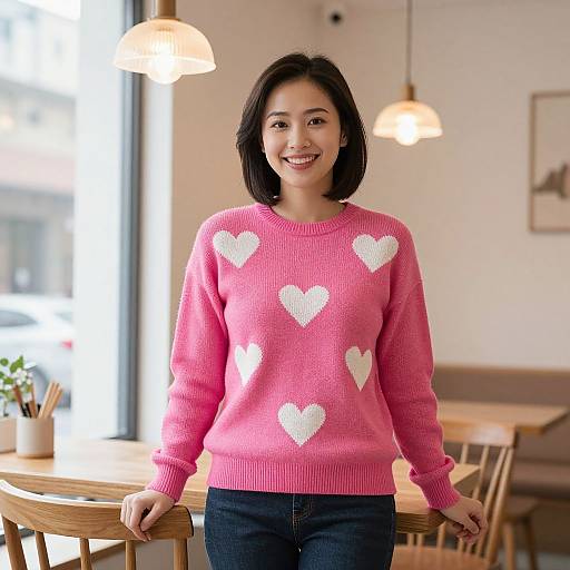 Photograph of a smiling Asian woman with short black hair, wearing a pink sweater with white heart patterns, standing in a brightly lit café.