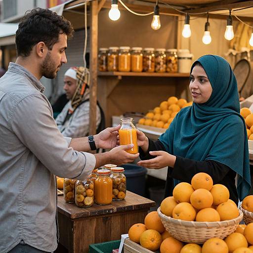 Photograph of a Middle Eastern market: bearded man in gray shirt buying orange jar from veiled woman in black hijab, surrounded by jars and