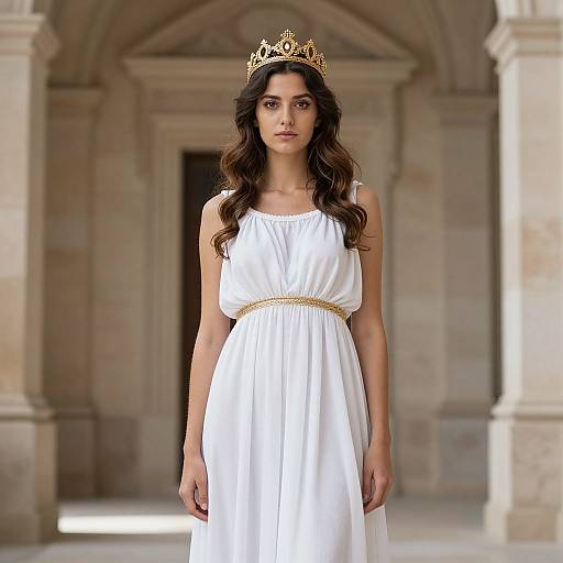Photograph of a young woman with long, wavy brown hair, wearing a white gown with a gold belt, and a gold crown, standing in