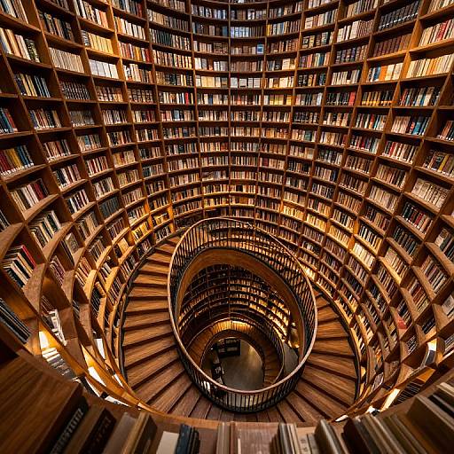 Photograph of a grand, circular library with towering wooden bookshelves filled with books, illuminated by warm, overhead lights. Spiral staircase descends to