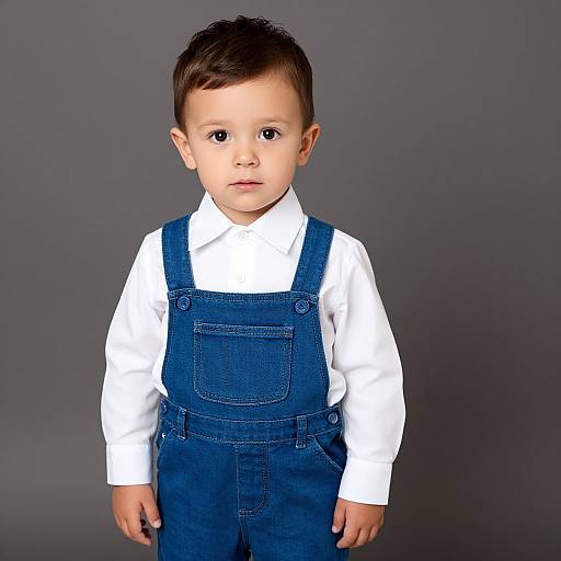Photograph of a young boy with short brown hair, wearing a white shirt and blue denim overalls, standing against a gray background.