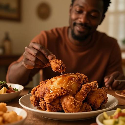 Photograph of a smiling Black man in a brown shirt, holding a crispy fried chicken piece, about to eat a plate of golden-brown fried chicken