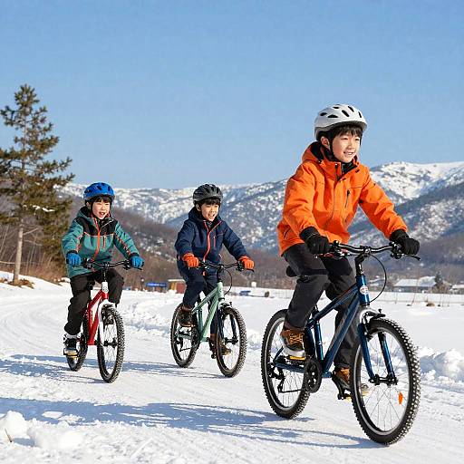 Boys Riding Bicycles in Snowy Winter