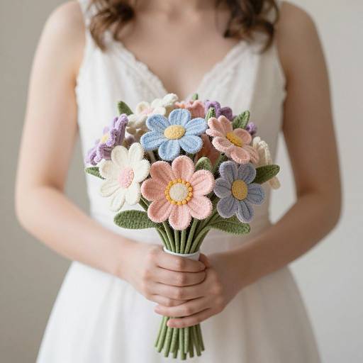 Photograph of a woman in a white lace dress holding a bouquet of colorful, knitted flowers with blue, pink, and purple petals.