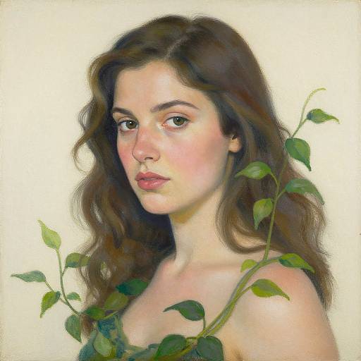 Digital painting of a young woman with wavy brown hair, fair skin, and green eyes, surrounded by vine leaves against a white background.