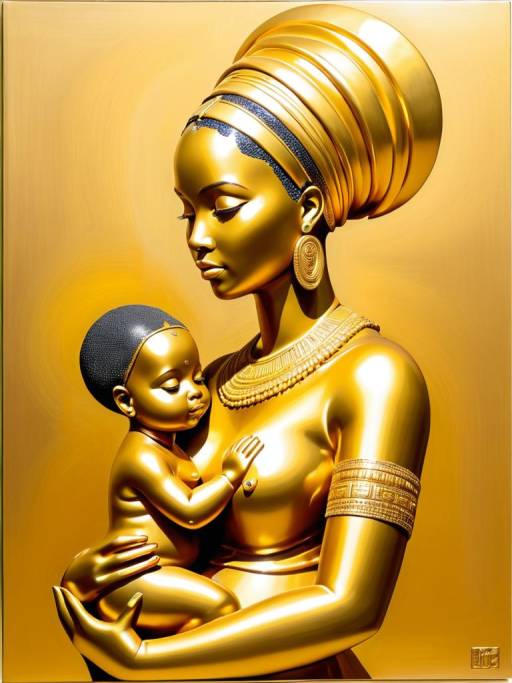 Golden African Mother and Child Sculpture