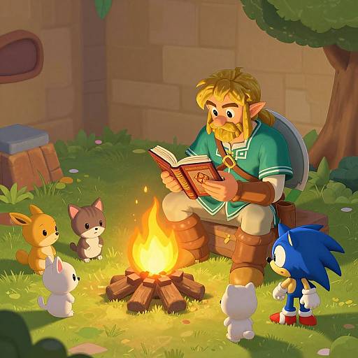 Cartoon image of Link, with beard and green tunic, reading by campfire, surrounded by Sonic, Eevee, and two Chibi