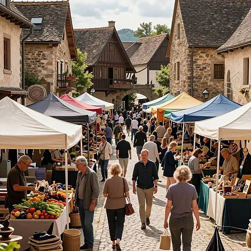 Photograph of a bustling outdoor market with colorful tents, stone buildings, and shoppers browsing fresh produce, crafts, and wares on a sunny day.