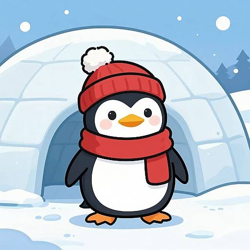 Cartoon penguin with red beanie and scarf standing in front of a snow-covered igloo under a blue, snowy sky.