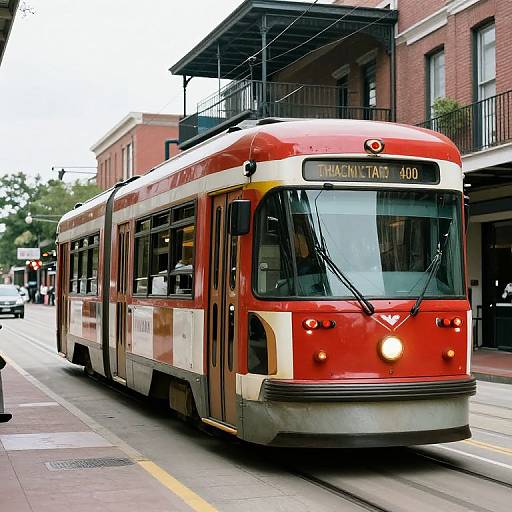 Red New Orleans Streetcar on Urban Track