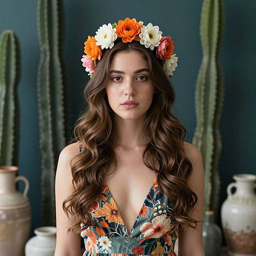 Photograph of a young woman with long, wavy brown hair, wearing a floral headband, deep V-neck floral dress, and standing in front