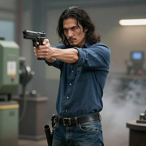 Determined Man with Gun in Industrial Setting