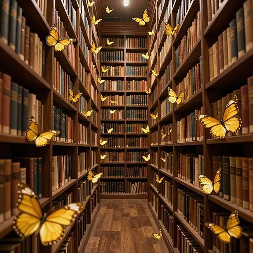 Photograph of a narrow library aisle with wooden shelves filled with books, illuminated by glowing yellow butterflies flitting among the books.