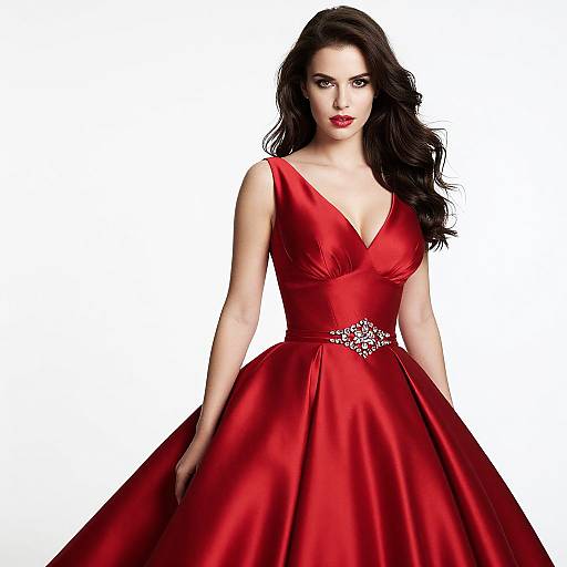 Photograph of a fair-skinned woman with long black hair, wearing a red, V-neck, satin ball gown with a jeweled waistband,