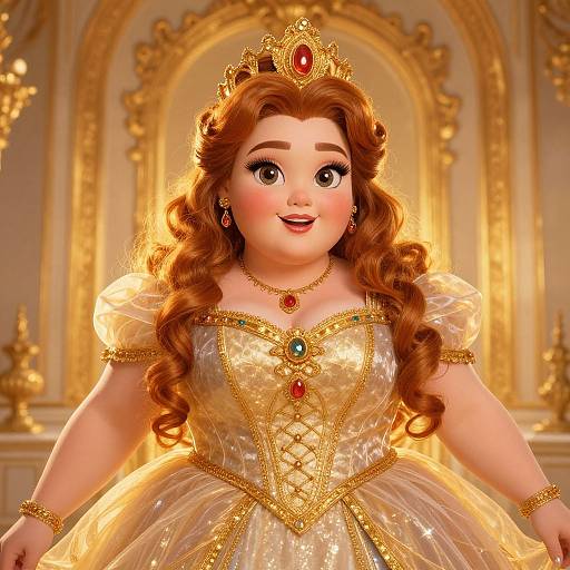 Digital illustration of a fair-skinned, wide-eyed princess with curly red hair, gold tiara, and ornate golden-embellished white gown