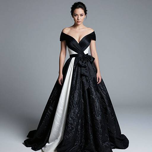 Photograph of a dark-haired woman in an off-shoulder black and white gown with intricate lace texture, standing against a plain gray background.