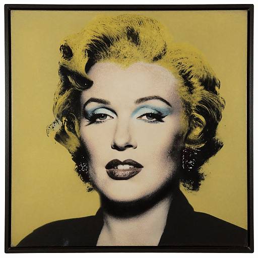 Photograph of a classic Hollywood starlet with vintage, curly blonde hair, dramatic blue eyeshadow, dark lipstick, and a yellow background.