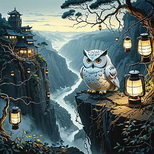 Chubby Mechanical Owl in Foggy Ravine